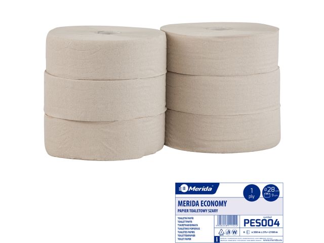 Papier toaletowy MERIDA ECONOMY, SZARY średnica 28 cm, długość 350 m, jednowarstwowy, zgrzewka 6 szt.